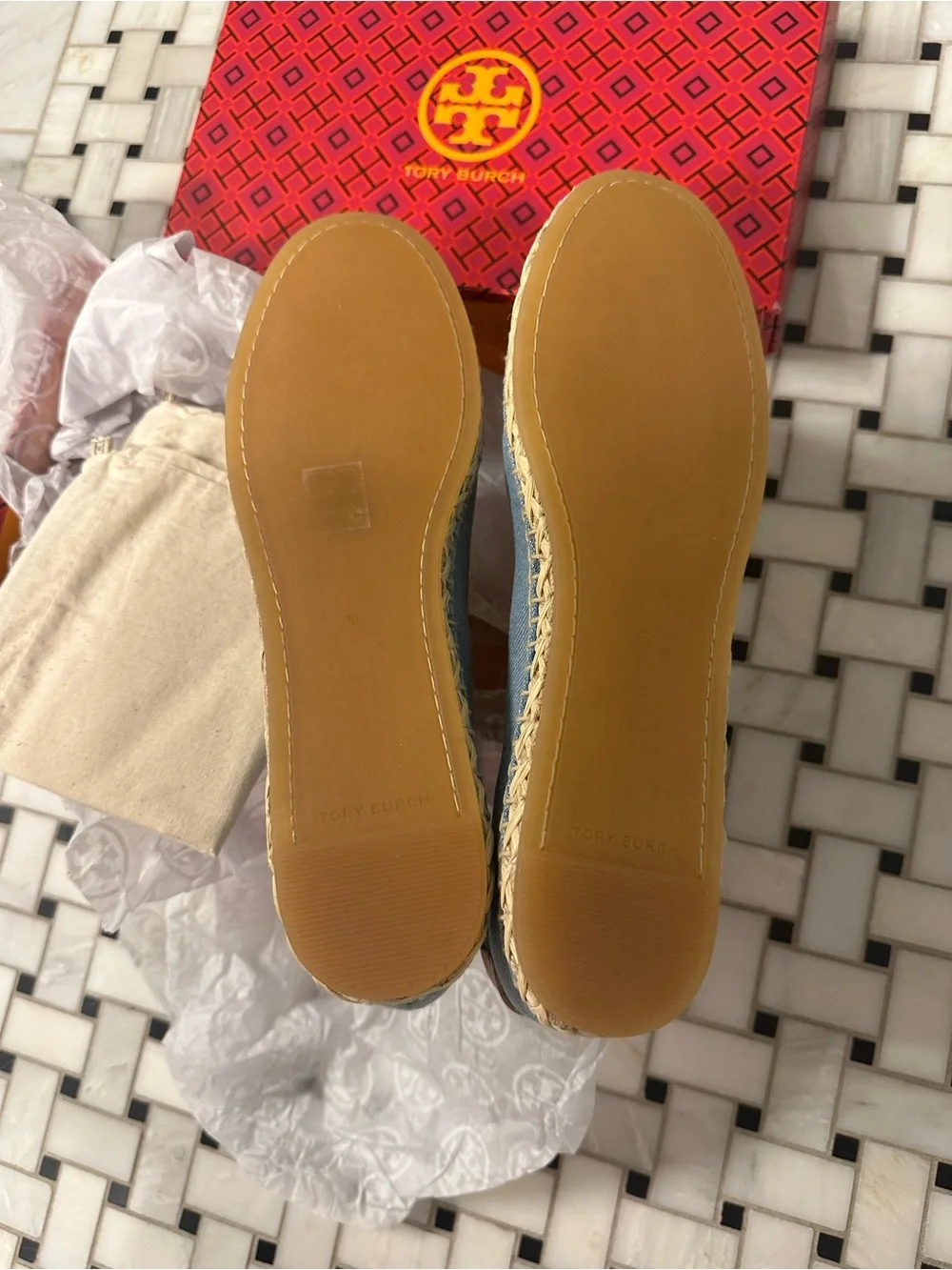 Tory Burch Denim Blue Espadrille Flats with Natural Jute Trim NWT